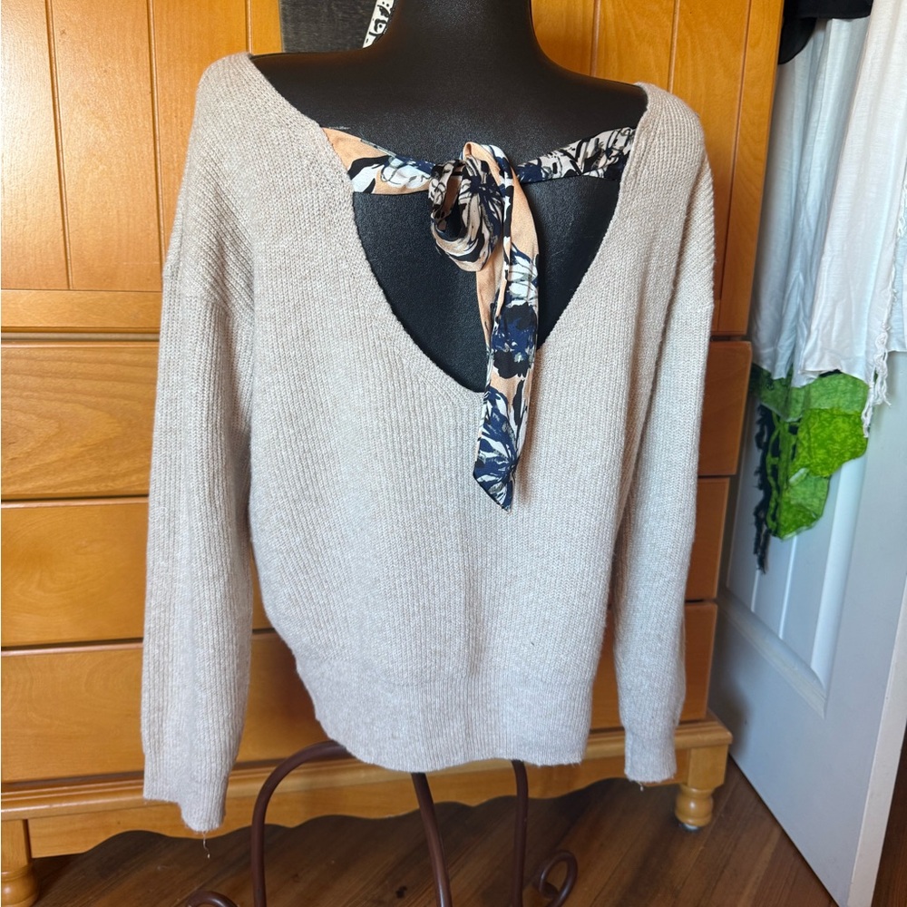 Love & Thread Beige Boat Neck Sweater Open Back Tie Size Small
